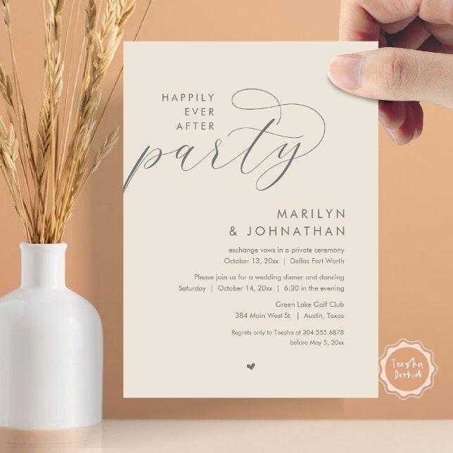 Invitación Afortunadamente Después De Una Cena Fiesta, Románt (Happily Ever After Party, Modern Romantic Wedding Dinner Invitation Card, PDF, in Dark Grey Cream)