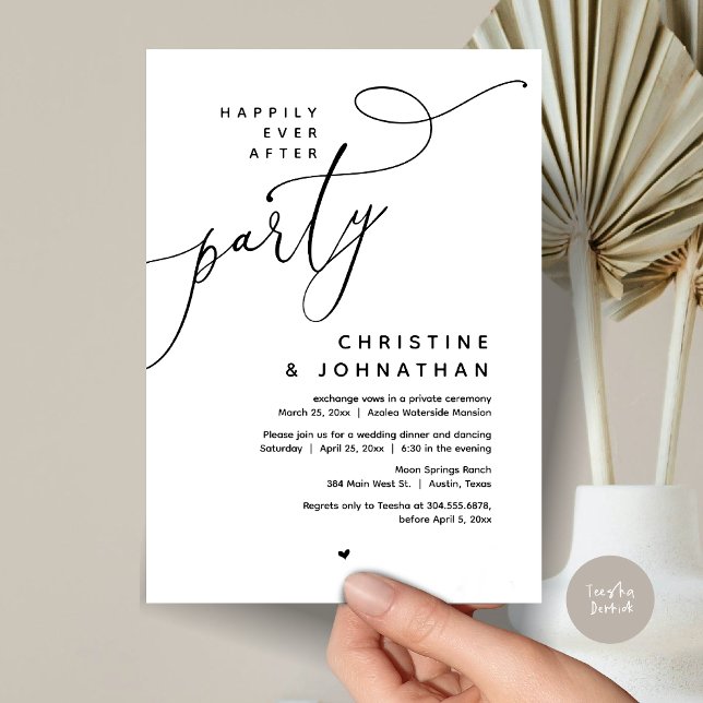 Invitación Afortunadamente Después De Una Cena Fiesta, Románt (Romantic Happily Ever After Party, Modern Wedding Dinner Invitation Card, PDF, Black White)