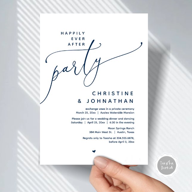 Invitación Afortunadamente Después De Una Cena Fiesta, Románt (Romantic Happily Ever After Party, Modern Wedding Dinner Invitation Card, PDF, Classy Navy Blue)