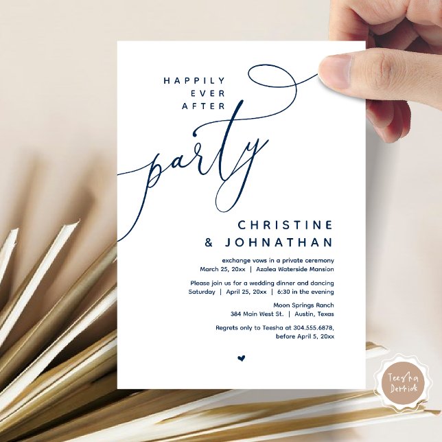 Invitación Afortunadamente Después De Una Cena Fiesta, Románt (Romantic Happily Ever After Party, Modern Wedding Dinner Invitation Card, PDF, Classy Navy Blue)