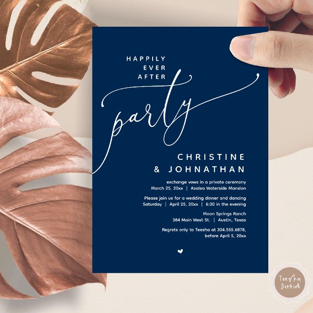 Invitación Afortunadamente Después De Una Cena Fiesta, Románt (Romantic Happily Ever After Party, Modern Wedding Dinner Invitation Card, PDF, Classy Navy Blue)