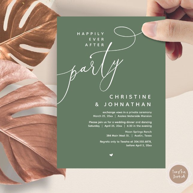 Invitación Afortunadamente Después De Una Cena Fiesta, Románt (Romantic Happily Ever After Party, Modern Wedding Dinner Invitation Card, PDF, Forest Sage Green)