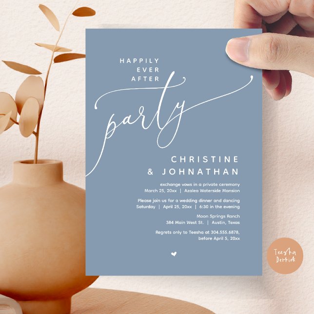 Invitación Afortunadamente Después De Una Cena Fiesta, Románt (Romantic Happily Ever After Party, Modern Wedding Dinner Invitation Card, PDF, Dusty Blue)