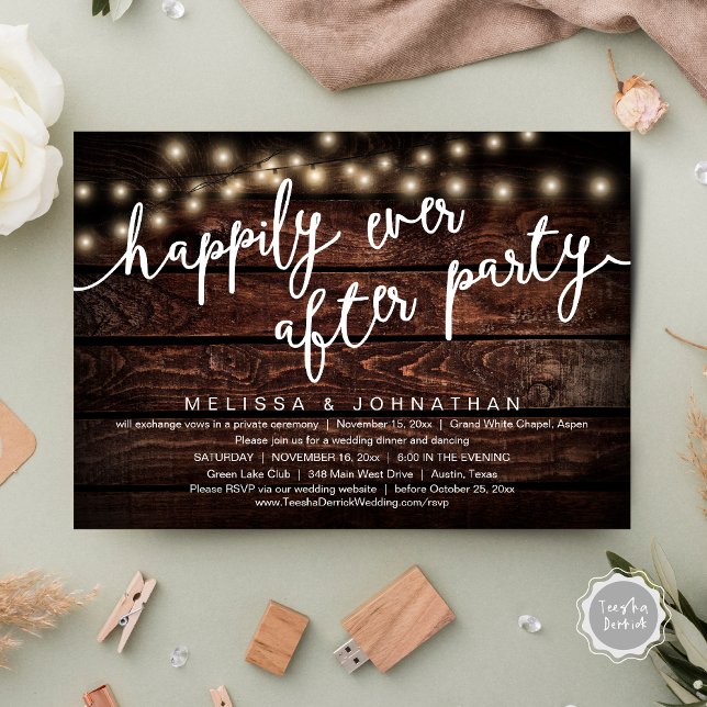 Invitación Afortunadamente Después De Una Cena Fiesta Y Rústi (Happily Ever After Party, Rustic Wedding Dinner Invitation Card, PDF, Cottage Brown Wood Graphic)