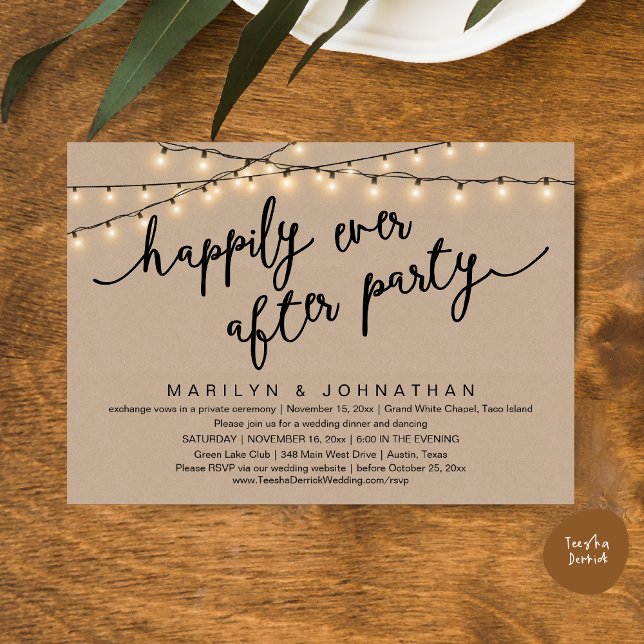 Invitación Afortunadamente Después De Una Cena Fiesta Y Rústi (Happily Ever After Party, Rustic Wedding Dinner Dancing Invitation Card, PDF, Brown Wood Background)