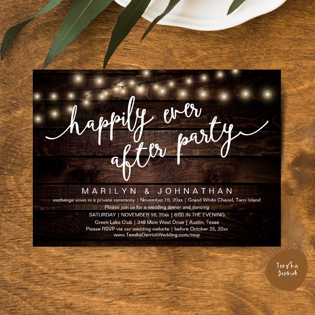 Invitación Afortunadamente Después De Una Cena Fiesta Y Rústi (Happily Ever After Party, Rustic Wedding Dinner Dancing Invitation Card, PDF, Brown Wood Background)