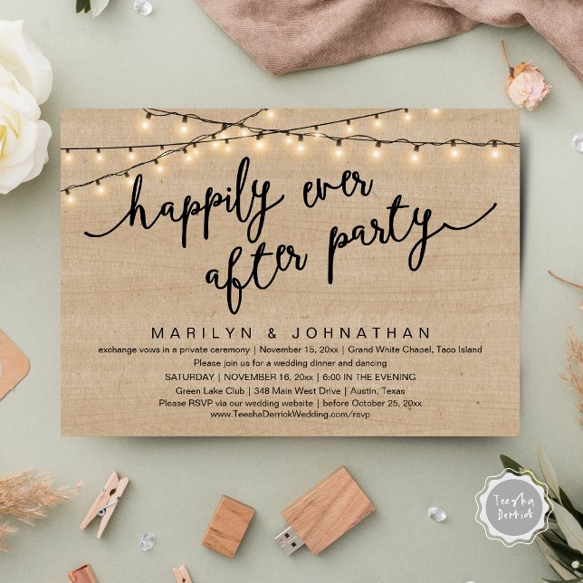 Invitación Afortunadamente Después De Una Cena Fiesta Y Rústi (Happily Ever After Party, Rustic Wedding Dinner Dancing Invitation Card, PDF, Brown Wood Background)