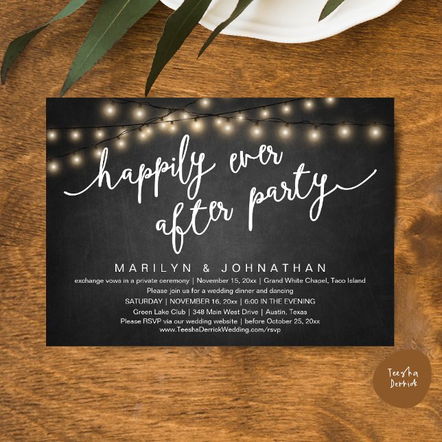 Invitación Afortunadamente Después De Una Cena Fiesta Y Rústi (Happily Ever After Party, Rustic Wedding Dinner Dancing Invitation Card, PDF, Chalkboard Background)
