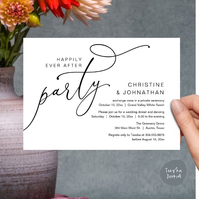 Invitación Afortunadamente Después De Una Fiesta, Una Cena Ro (Happily Ever After Party, Romantic Modern Elopement Dinner Dancing Invites Card PDF Black White)