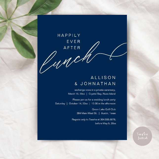 Invitación Afortunadamente después del almuerzo, Boda Navy Bl (Happily Ever After Lunch, Wedding Elopement Invitation Card, PDF, Modern Classy, in Navy Blue)