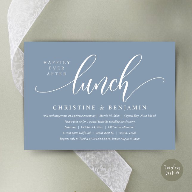 Invitación Afortunadamente después del descanso del almuerzo, (Happily Ever After Lunch, Modern Wedding Elopement Invitation Card, PDF, in Dusty Blue)