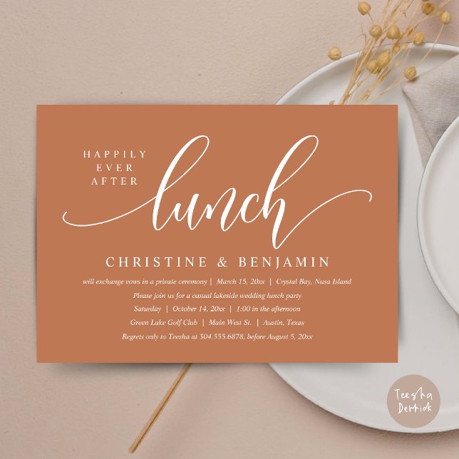 Invitación Afortunadamente después del descanso del almuerzo, (Happily Ever After Lunch, Modern Wedding Elopement Invitation Card, PDF, in Copper Rust Brown)
