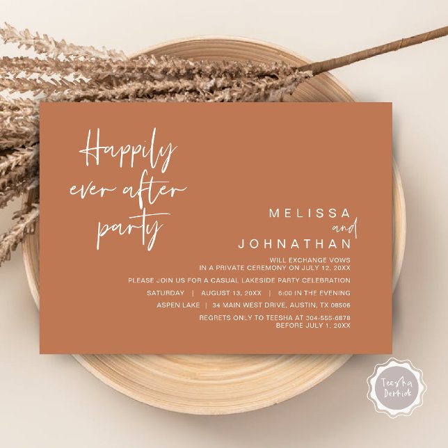 Invitación Afortunadamente, después del partido matrimonial,  (Happily Ever After Party Invitation Card, PDF, Modern Wedding Elopement, in Copper Brown)