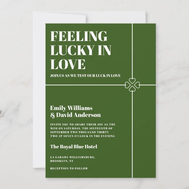 Invitación Afortunadamente, el Boda verde moderno se enamora (Anverso)