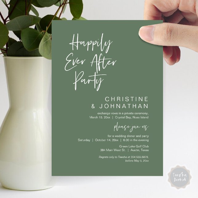 Invitación Afortunadamente, Fiesta de Cena Boda Elopement (Happily Ever After Party, Wedding Elopement Dinner Invitation Card, PDF, Modern, Forest Sage Green)