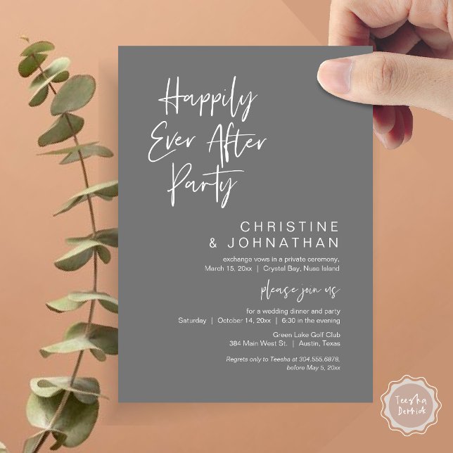 Invitación Afortunadamente, Fiesta de Cena Boda Elopement (Happily Ever After Party, Wedding Elopement Dinner Invitation Card, PDF, Modern, Dark Grey)