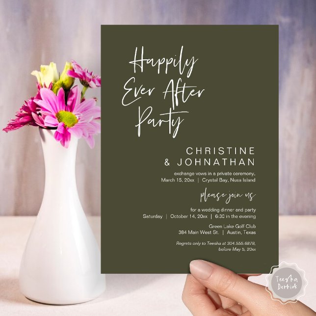 Invitación Afortunadamente, Fiesta de Cena Boda Elopement (Happily Ever After Party, Wedding Elopement Dinner Invitation Card, PDF, Modern, Olive Sage Green)