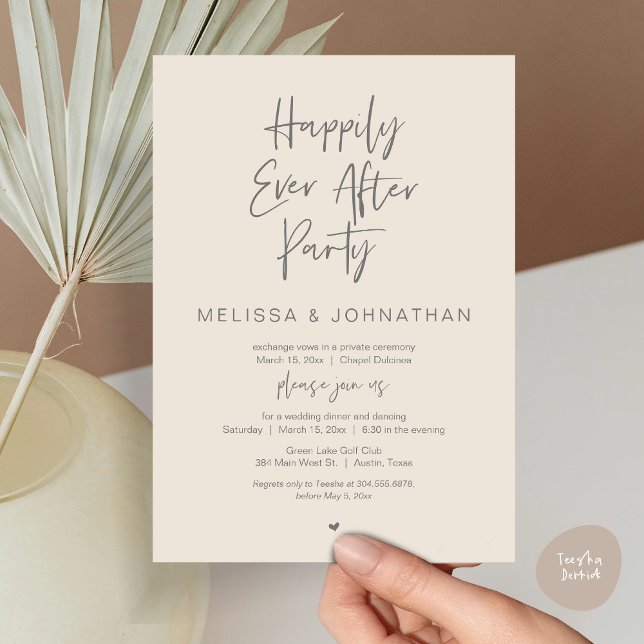 Invitación Afortunadamente, Fiesta de Cena Boda Elopement (Happily Ever After Party, Wedding Dinner and Dancing Invitation Card, PDF, in Dark Grey Cream)