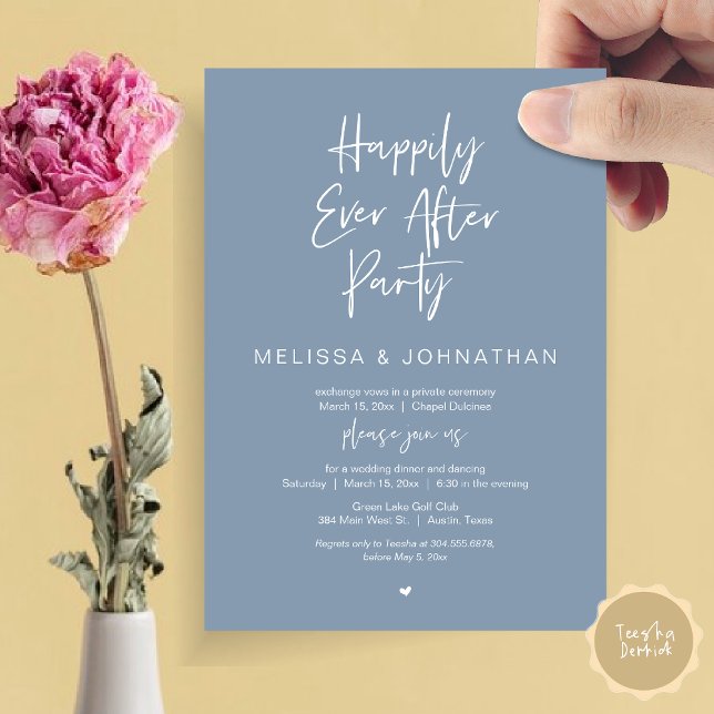 Invitación Afortunadamente, Fiesta de Cena Boda Elopement (Happily Ever After Party, Wedding Dinner and Dancing Invitation Card, PDF, in Dusty Blue)