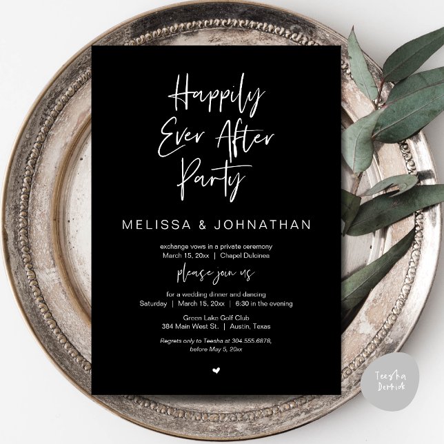 Invitación Afortunadamente, Fiesta de Cena Boda Elopement (Happily Ever After Party, Wedding Dinner and Dancing Invitation Card, PDF, in Classy Black)