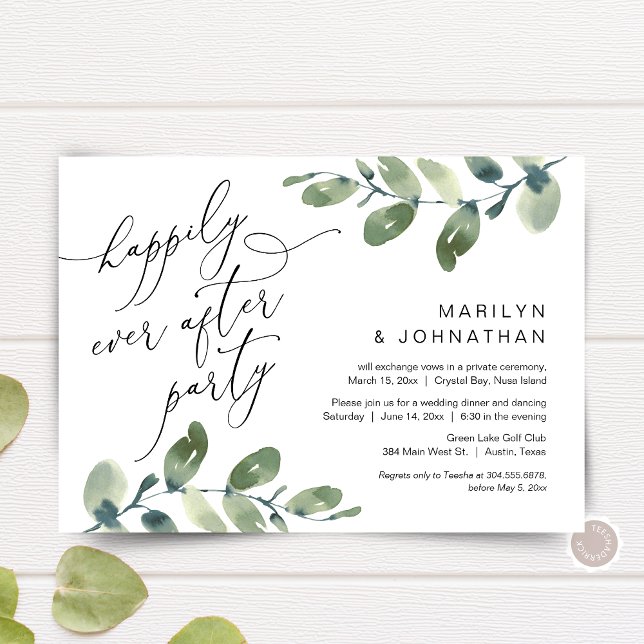 Invitación Afortunadamente Siempre Después De Fiesta, Éxito,  (Happily Ever After Party, Elopement Dinner Invitation Card, Greenery Eucalyptus, Digital Download)