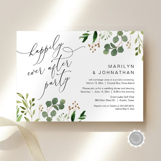 Invitación Afortunadamente Siempre Después De Fiesta, Éxito,  (Happily Ever After Party, Wedding Elopement, Greenery Eucalyptus Invitation Card, Downloadable)