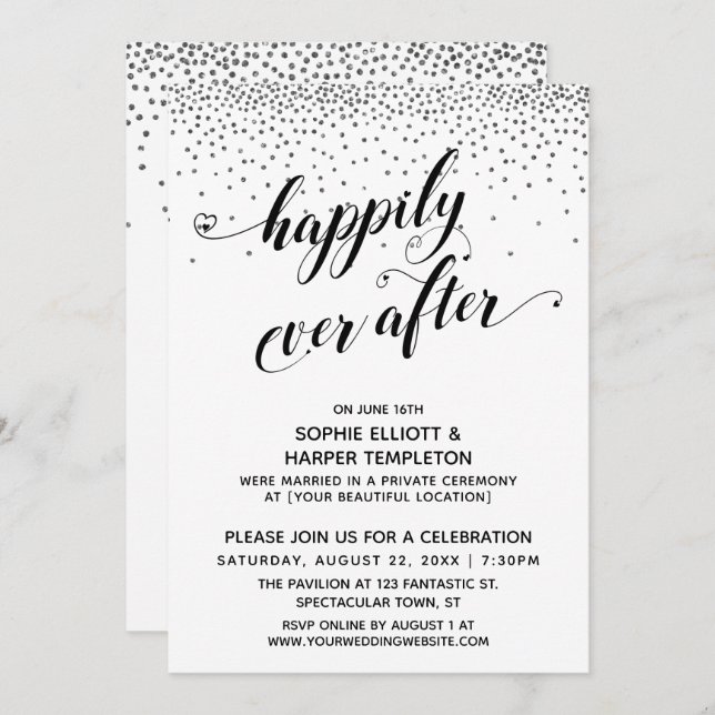 Invitación Afortunadamente siempre los corazones Script Silve (Anverso / Reverso)