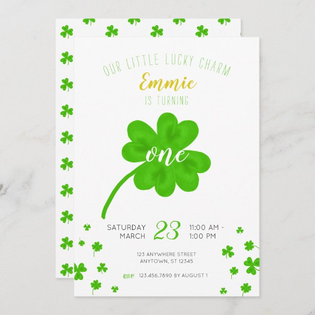 Invitación Afortunado Charm Shamrock St Patricks Día Cumpleañ (Anverso / Reverso)