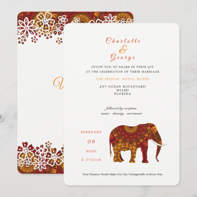 Invitación Afortunado Elefante Indio Elegante Invitado a la B (Anverso / Reverso)