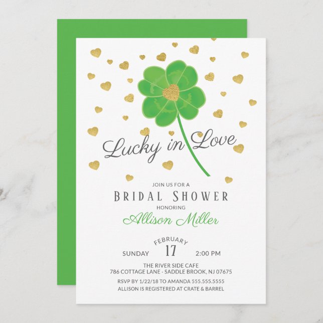 Invitación Afortunado en el amor Clover Bridal Shower (Anverso / Reverso)