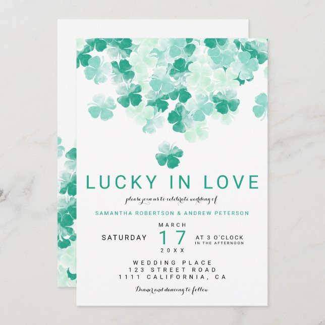 Invitación Afortunado en el clover verde enamorado boda de St (Anverso / Reverso)