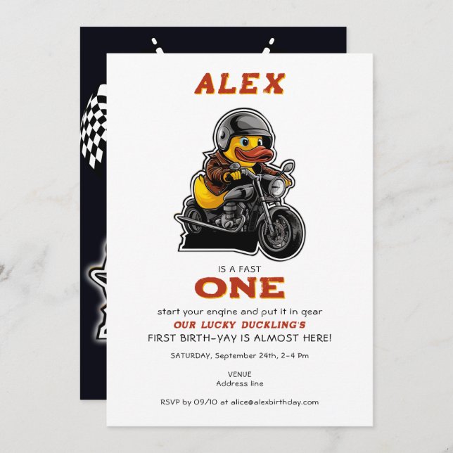 Invitación Afortunado Pato Cute Toddler Primera Moto de Cumpl (Anverso / Reverso)