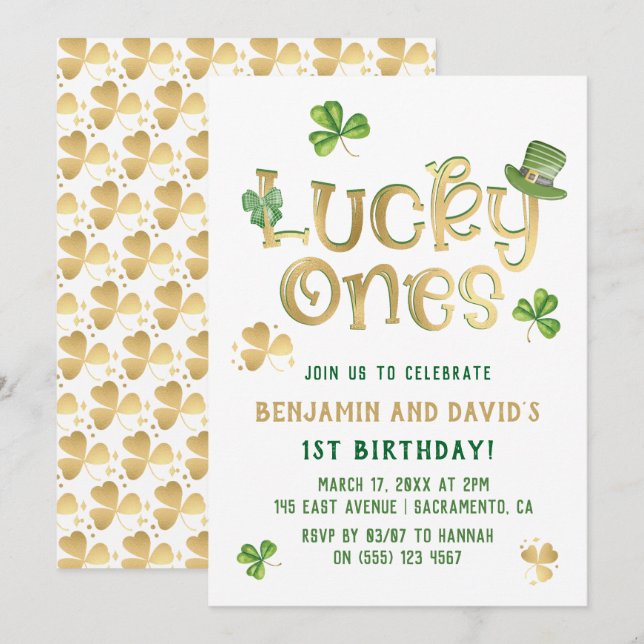 Invitación Afortunado | Primer cumpleaños de San Patricio (Anverso / Reverso)