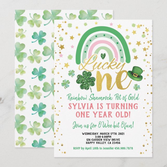 Invitación Afortunado primer cumpleaños de un Chica, Día de S (Anverso / Reverso)