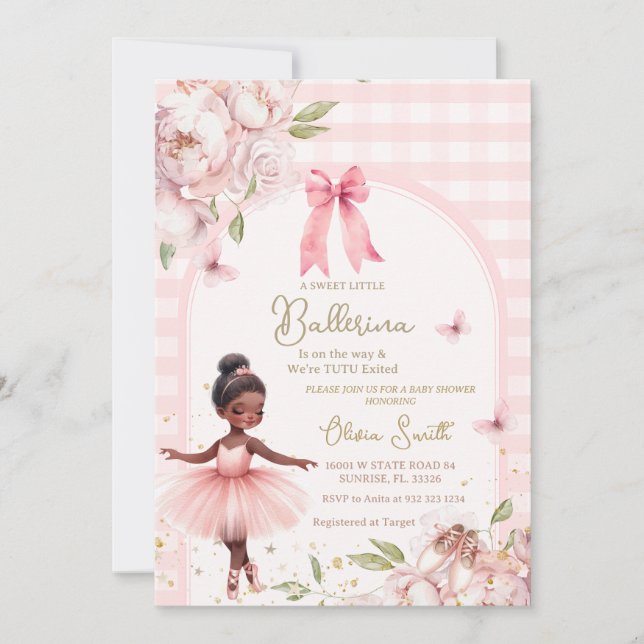 Invitación Africa America Ballerina Gingham Arch Baby Shower (Anverso)