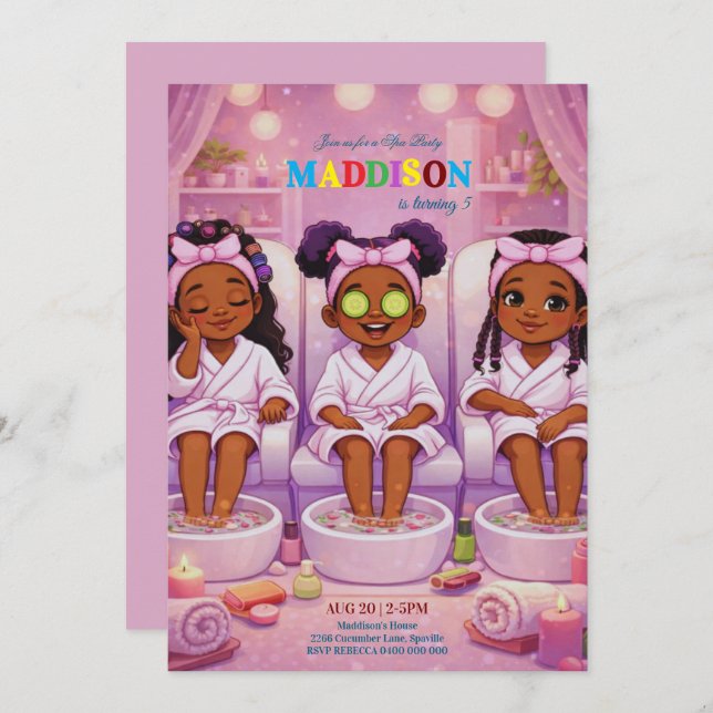 Invitación African American 3 Girls Spa party Birthday  (Anverso / Reverso)