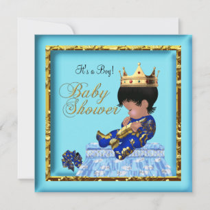 Invitación African American Baby Shower Blue Gold Boy