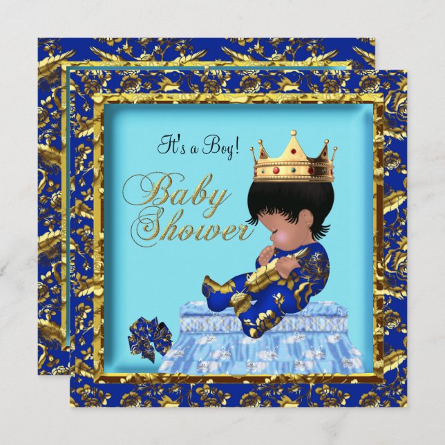 Invitación African American Baby Shower Blue Gold Boy (Anverso / Reverso)