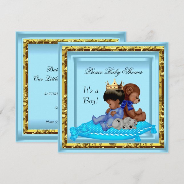Invitación African American Baby Shower Blue Gold Boy (Anverso / Reverso)