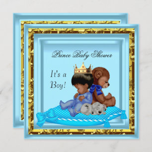Invitación African American Baby Shower Blue Gold Boy