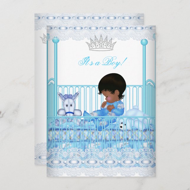 Invitación African American Baby Shower Blue Lace Boy Prince (Anverso / Reverso)
