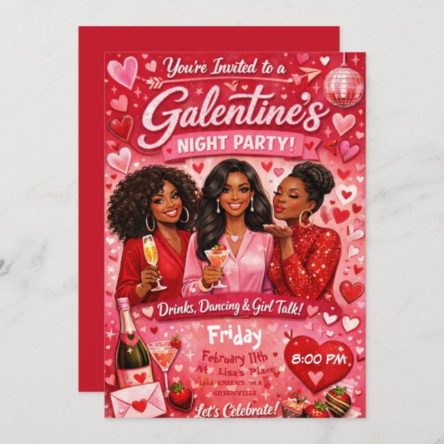 Invitación African American Galentine's Night Friends Party (Anverso / Reverso)