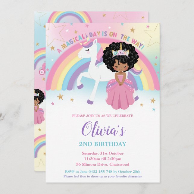 Invitación African Princess Unicorn Birthday Party Rainbow (Anverso / Reverso)