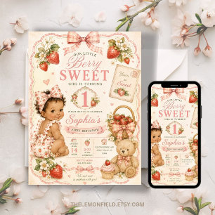 Invitación Afro Berry Primer Cumpleaños fresa Niña Dulce
