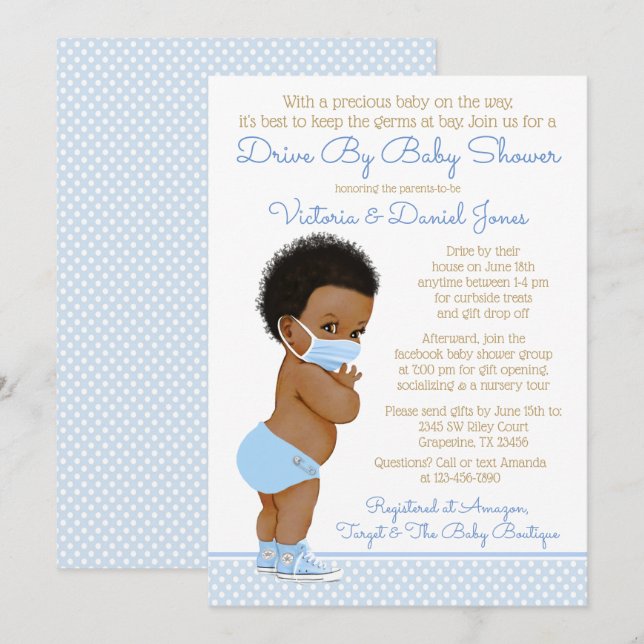 Invitación Afro Hair Boy Con Máscara De Baby Shower (Anverso / Reverso)