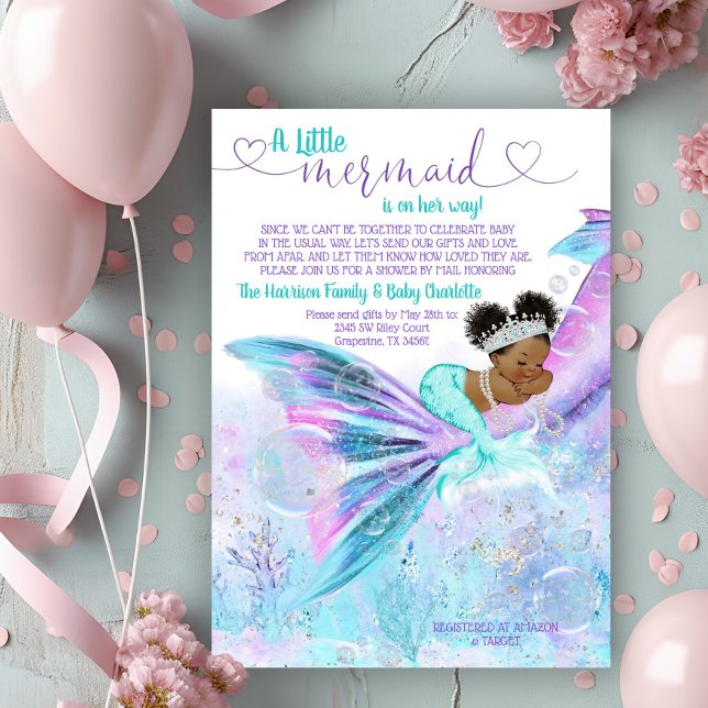 Invitación Afro Mermaid Mail Baby Shower (Adorable mermaid long distance mail baby shower invitation. )