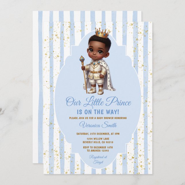 Invitación Afro Prince is on the way Blue Baby Shower Crown (Anverso / Reverso)