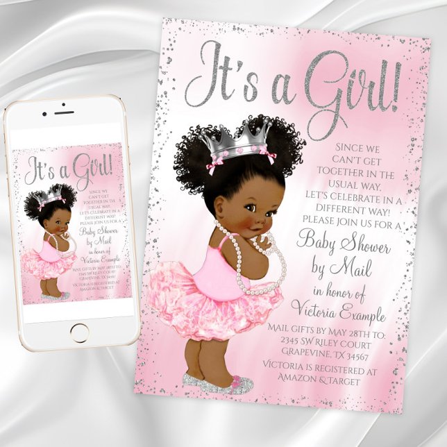 Invitación Afro Puff Princesa Baby Shower por correo (African American Princess Shower By Mail Invitation. Instant download - printed invitation available)