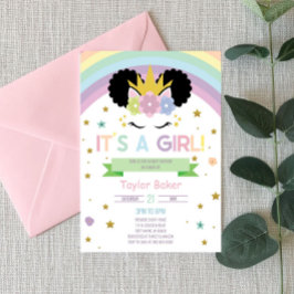Invitación Afro Puff Unicornio y Baby Shower arcadas