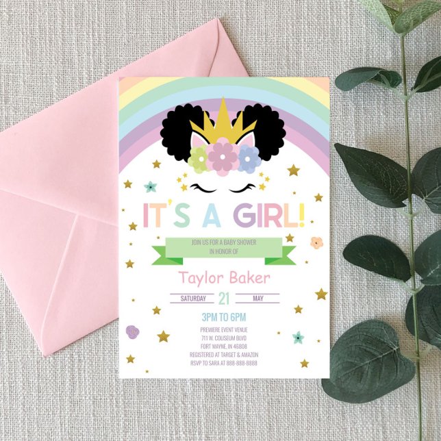 Invitación Afro Puff Unicornio y Baby Shower arcadas (Subido por el creador)